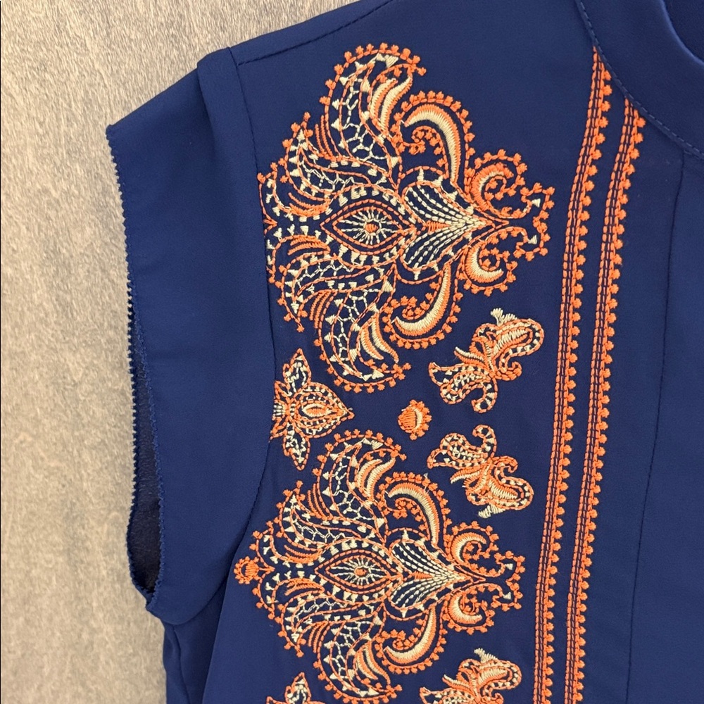 THML Navy Blue Embroidered Sleeveless Blouse with Orange Accents